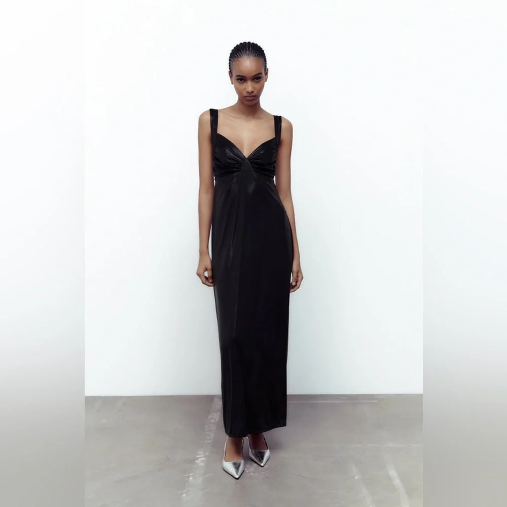 Zara NWT Long Ruched Dress in Black Metallic Maxi Open Back Size M Medium New - Picture 2 of 10